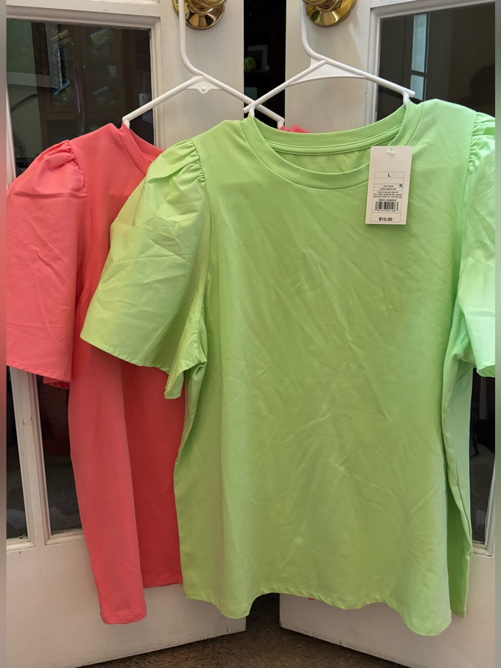NEW Set of 2 Puff Sleeve Crew Neck Tops size Large Coral and Lime NWT